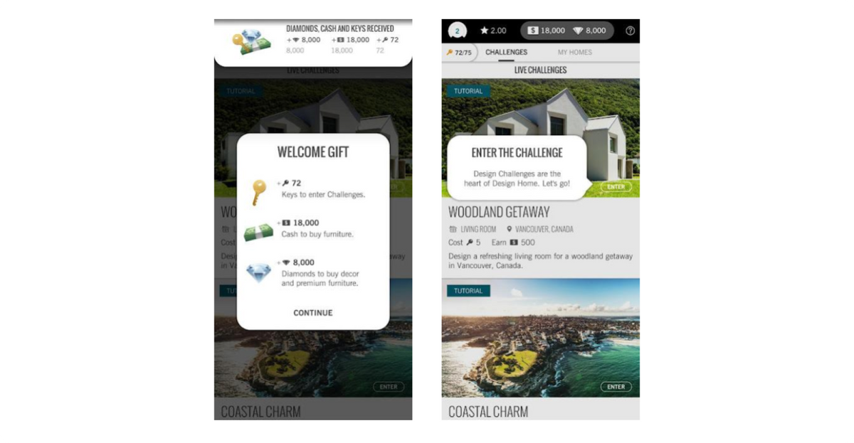 Design Home activates users with a welcome gift.